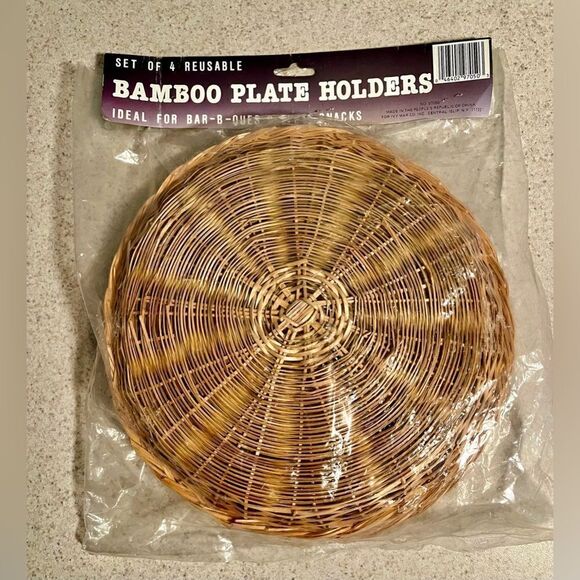 Vintage Bamboo Paper Plate Holders Pack of 4 Wicker Picnic Cookout Unopened - Picture 2 of 3